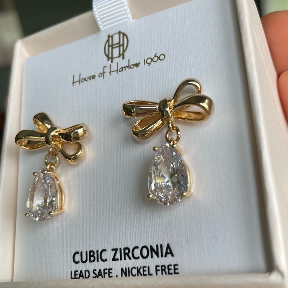 House Of Harlow 1960 Bow Cubic Zirconia Earrings Gold Tone NEW In Gift Box - Picture 5 of 9
